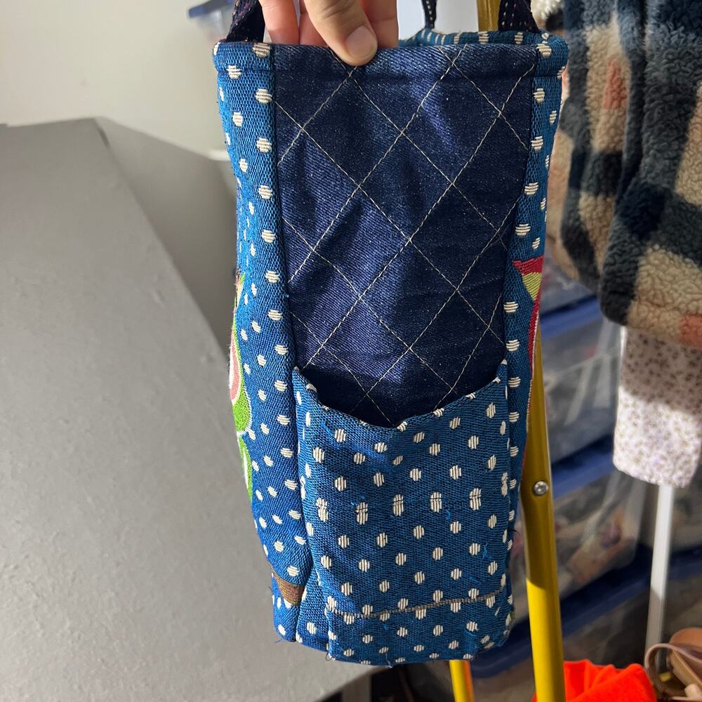Korean Style Owl Tote Bag Blue Quilted Polka Dot Handbag - Picture 6 of 16